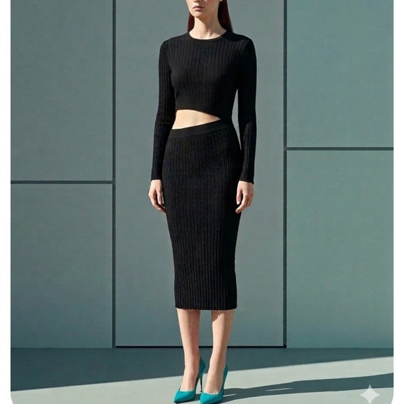 Windsor Dresses & Skirts - Windsor Black Ribbed Cutout Midi Skirt